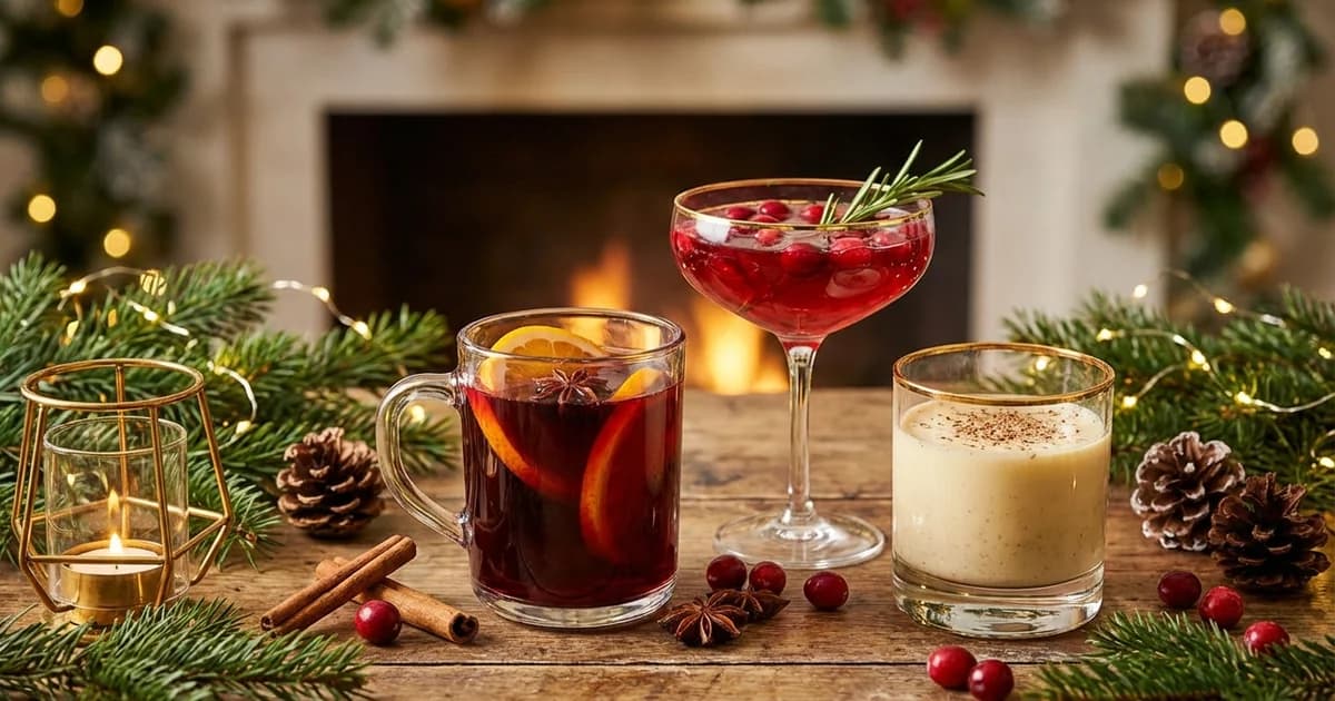 Festive winter holiday cocktail with seasonal garnishes