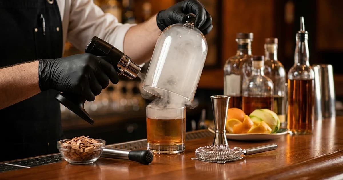 Bartender demonstrating cocktail preparation technique with professional bar tools