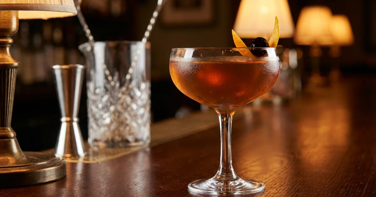 Professional photograph of a After Dinner cocktail with garnish in elegant bar setting