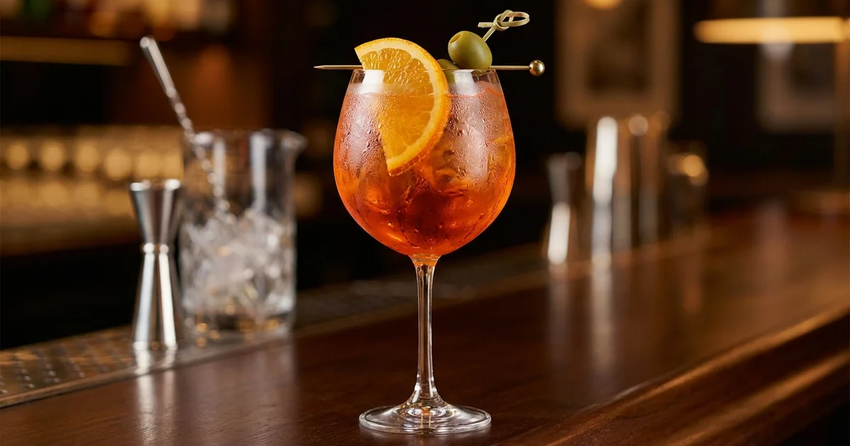 Professional photograph of a Aperol Spritz cocktail with garnish in elegant bar setting