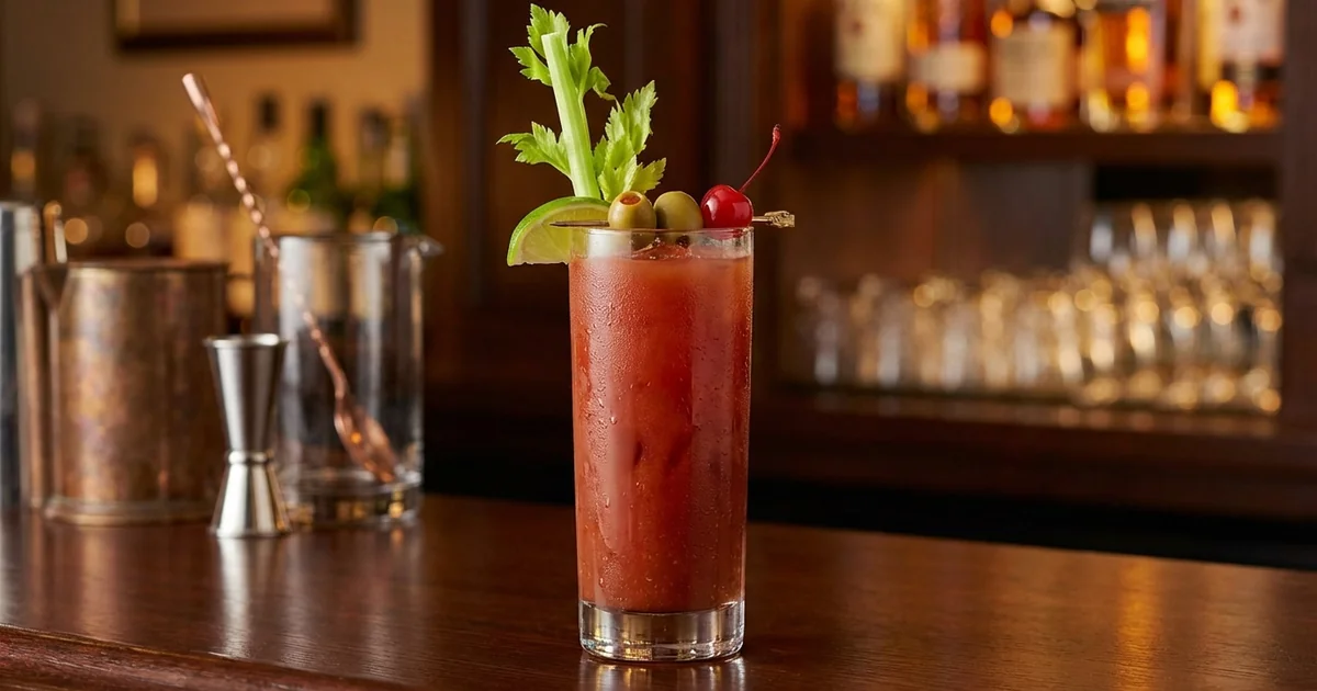 Professional photograph of a Bloody Caesar cocktail with garnish in elegant bar setting