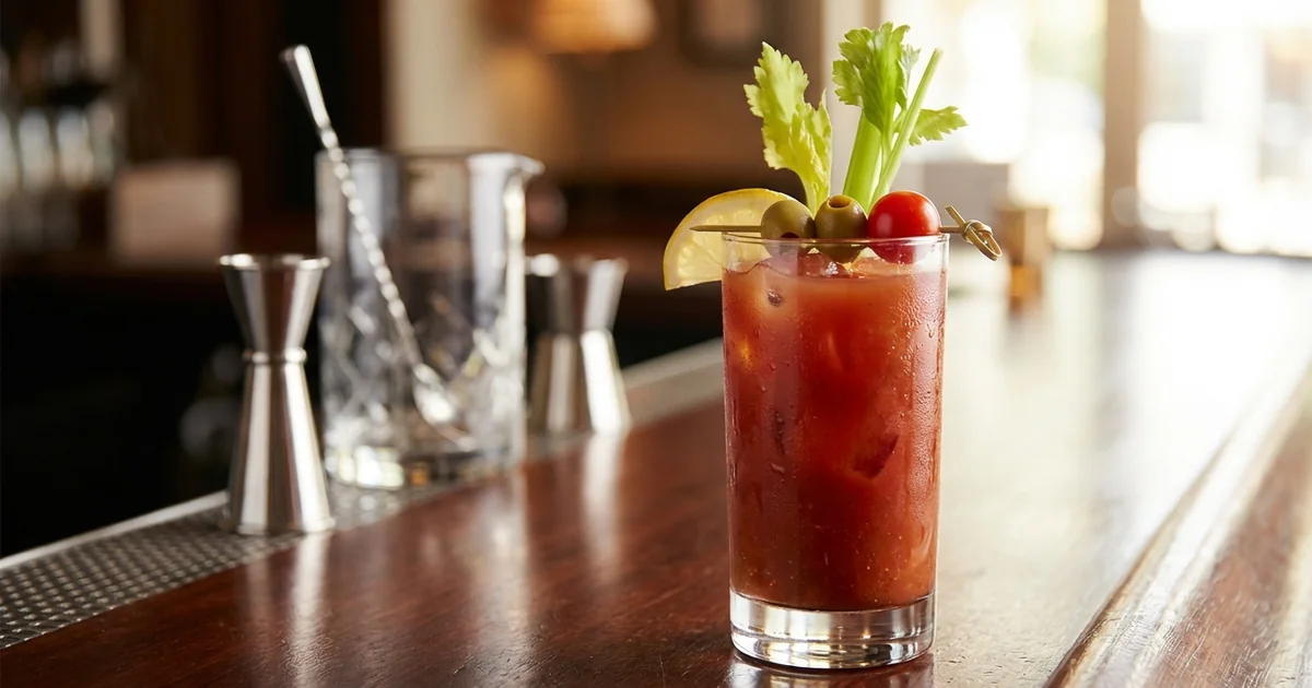 Professional photograph of a Bloody Mary cocktail with garnish in elegant bar setting