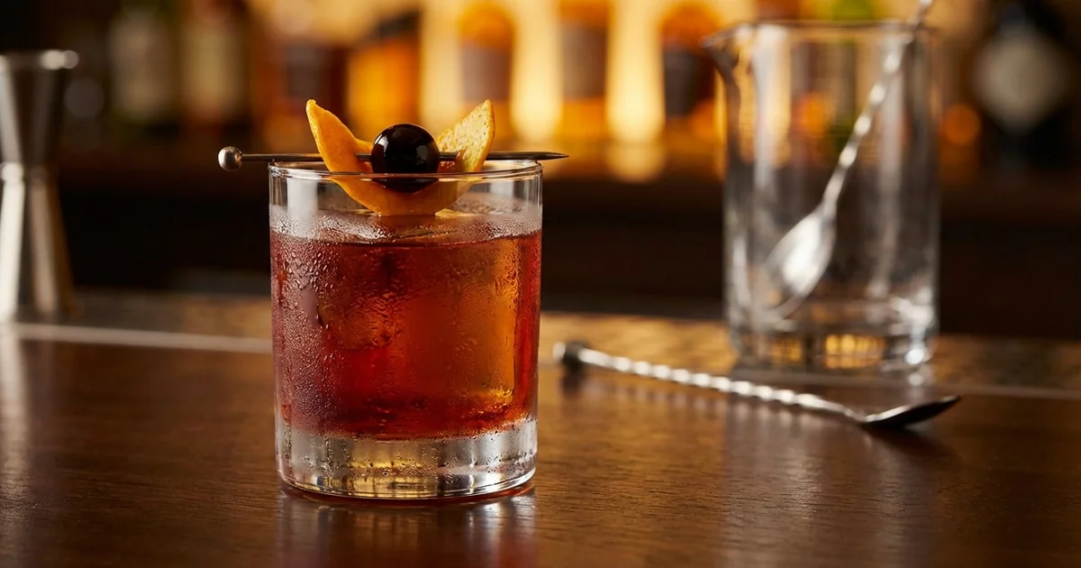 Professional photograph of a Boulevardier cocktail with garnish in elegant bar setting