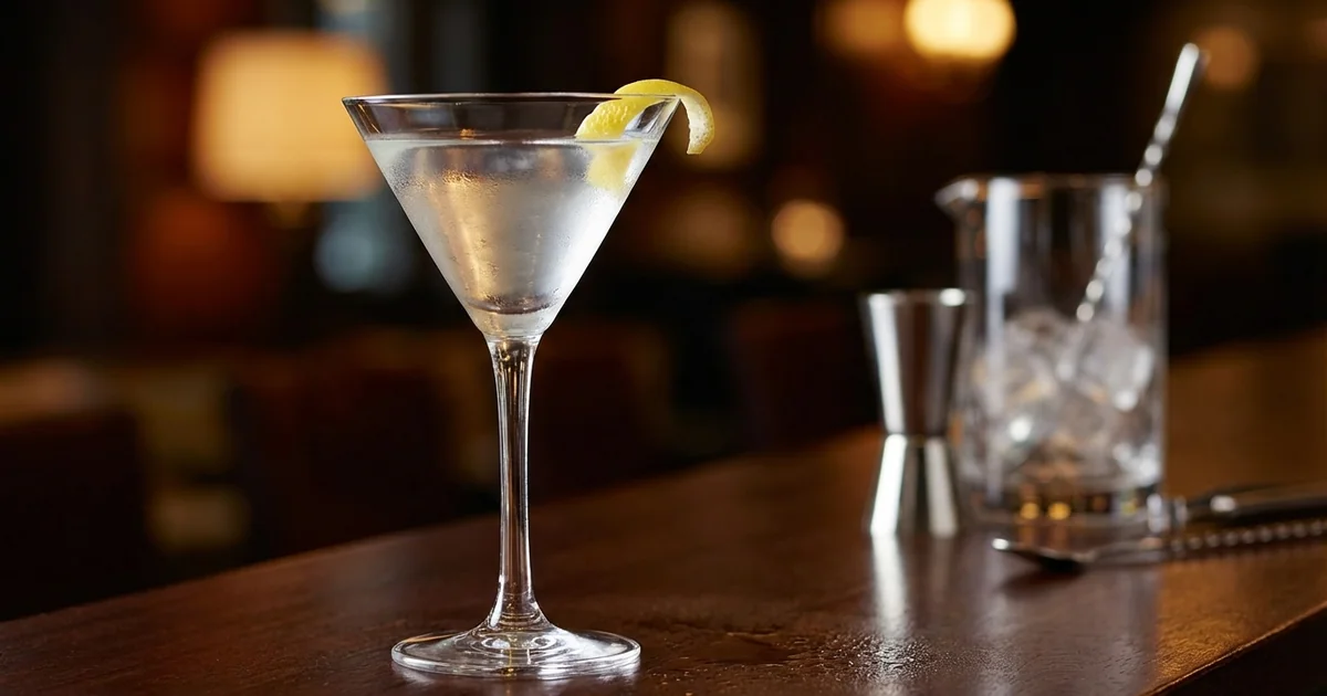 Professional photograph of a Martini cocktail with garnish in elegant bar setting