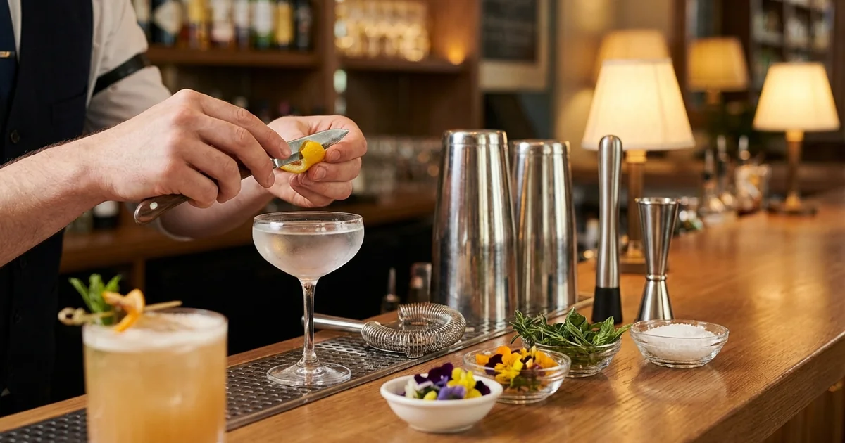 Bartender demonstrating cocktail preparation technique with professional bar tools