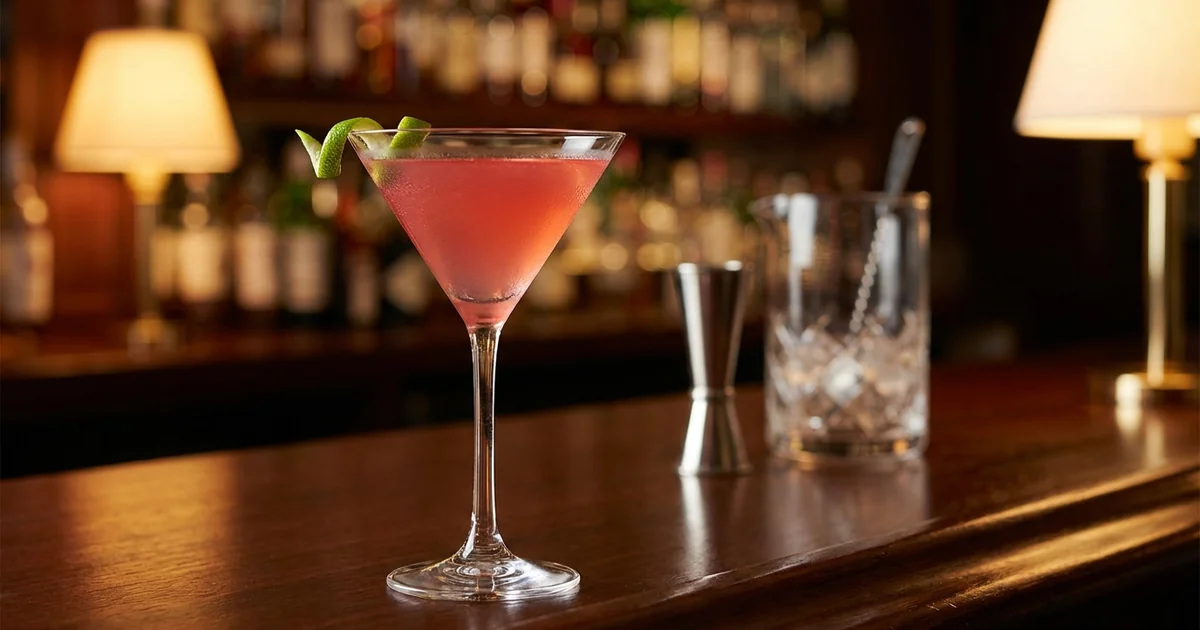 Professional photograph of a Cosmopolitan cocktail with garnish in elegant bar setting