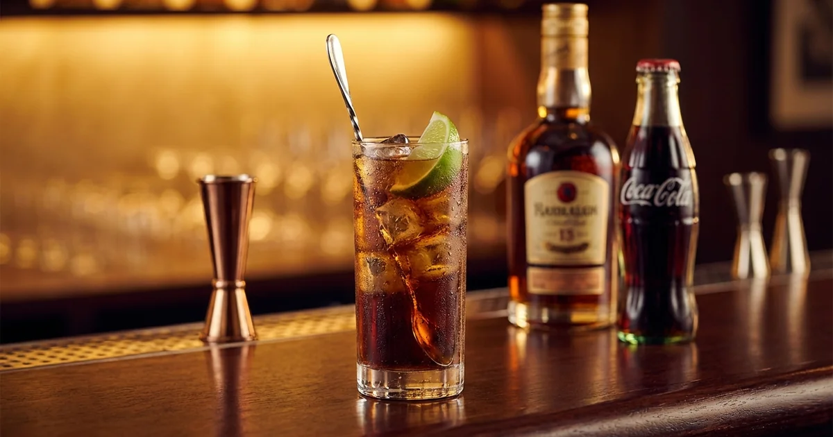 Professional photograph of a Cuba Libre cocktail with garnish in elegant bar setting