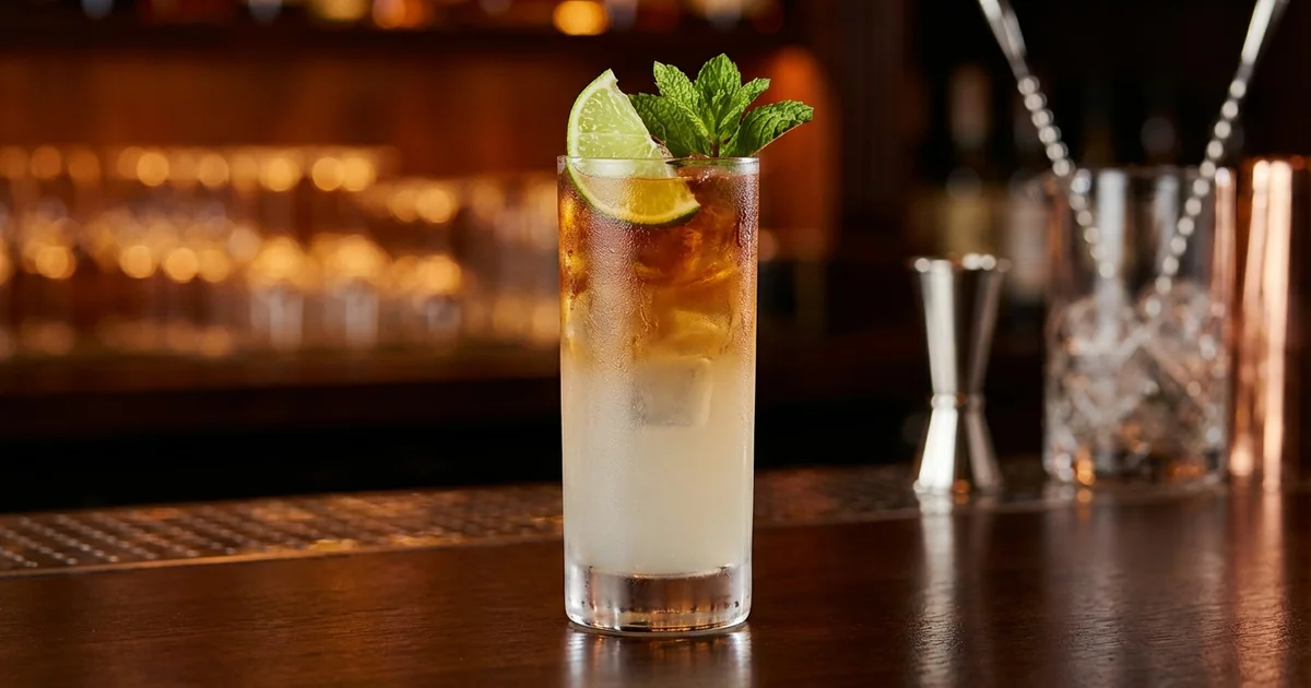Professional photograph of a Dark N Stormy cocktail with garnish in elegant bar setting