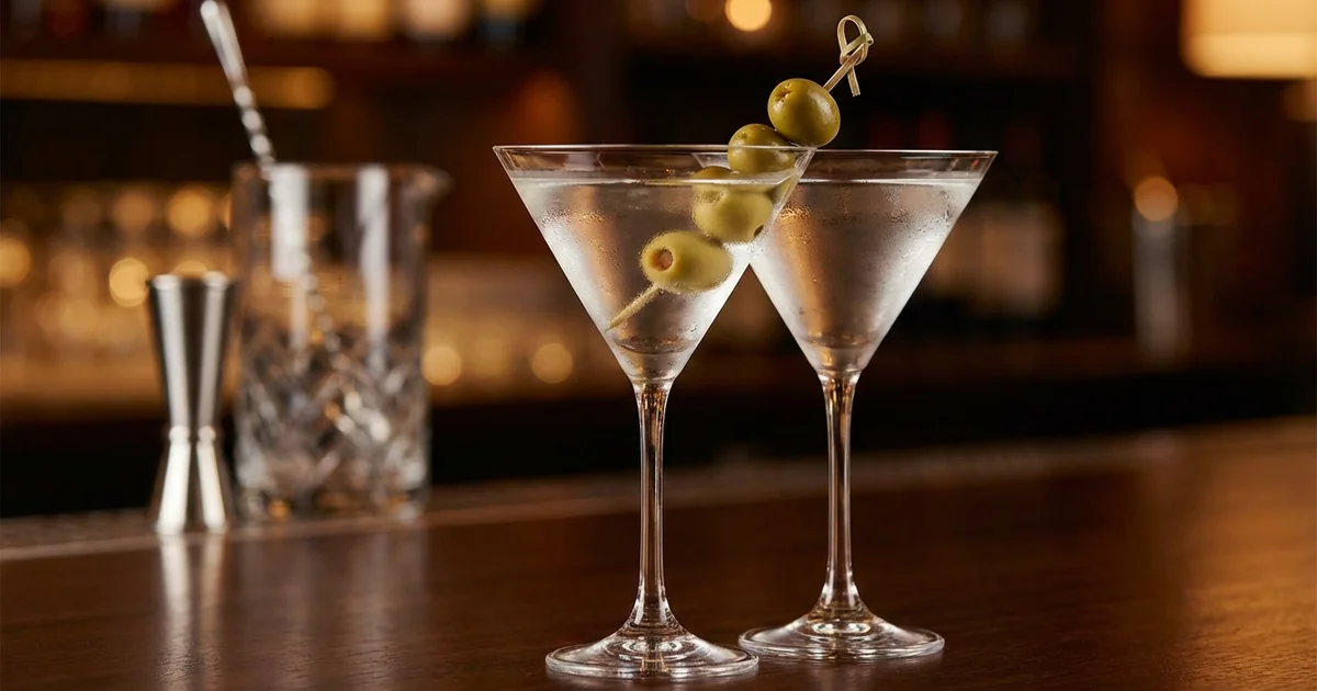 Professional photograph of a Dirty Martini cocktail with garnish in elegant bar setting