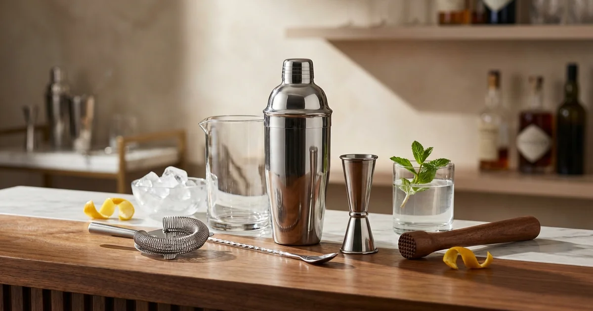 Essential bar tools and equipment arranged on professional bartender workspace