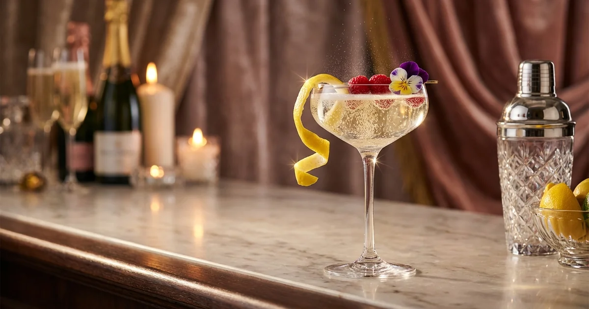 Elegant champagne cocktail with bubbles in sophisticated celebration setting