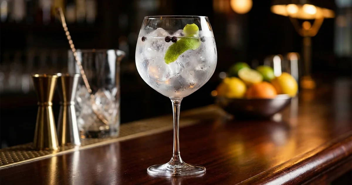 Professional photograph of a Gin and Tonic cocktail with garnish in elegant bar setting
