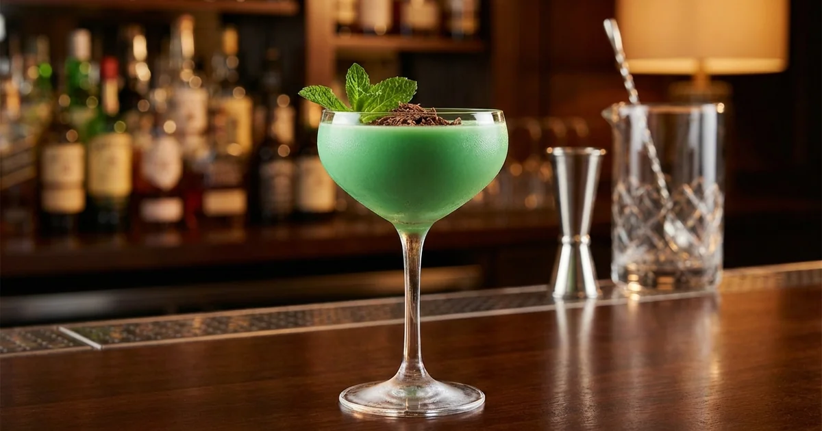 Professional photograph of a Grasshopper cocktail with garnish in elegant bar setting