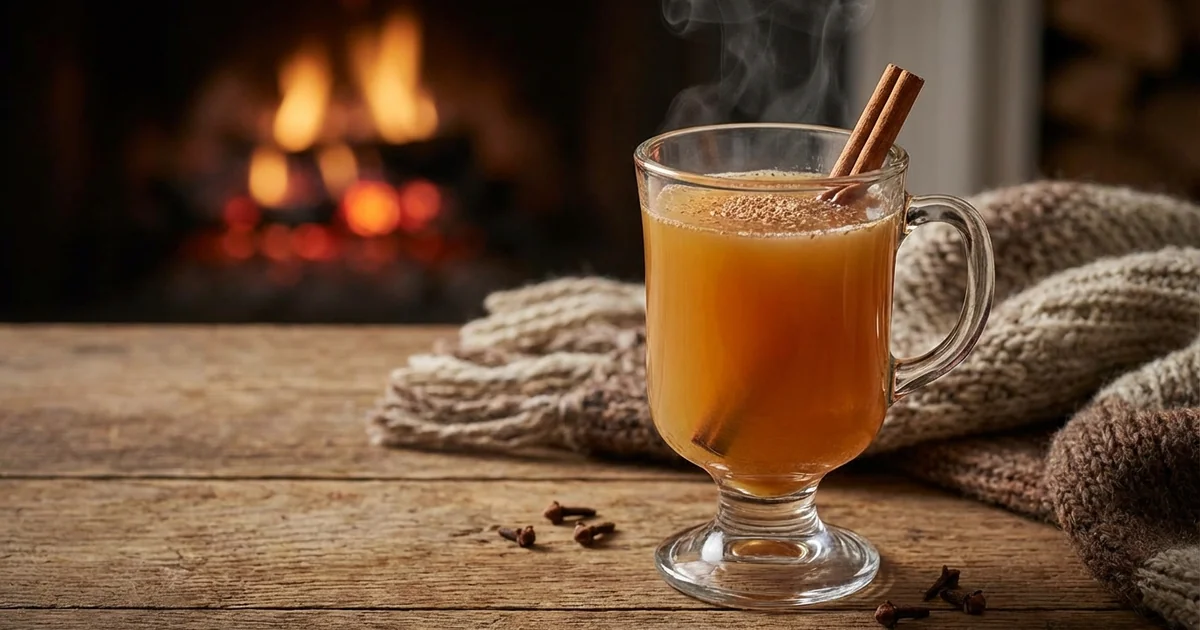 Steaming hot Hot Buttered Rum cocktail in cozy winter setting