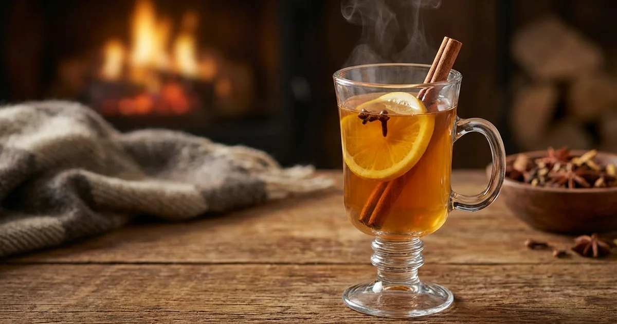 Steaming hot Hot Toddy cocktail in cozy winter setting