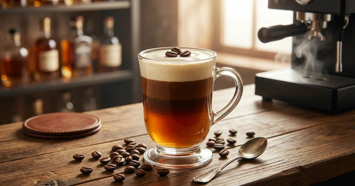 Rich espresso-based Irish Coffee cocktail with coffee bean garnish
