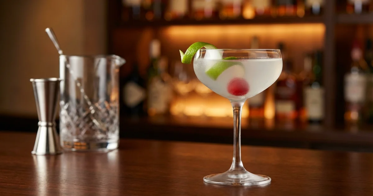 Professional photograph of a Last Word cocktail with garnish in elegant bar setting