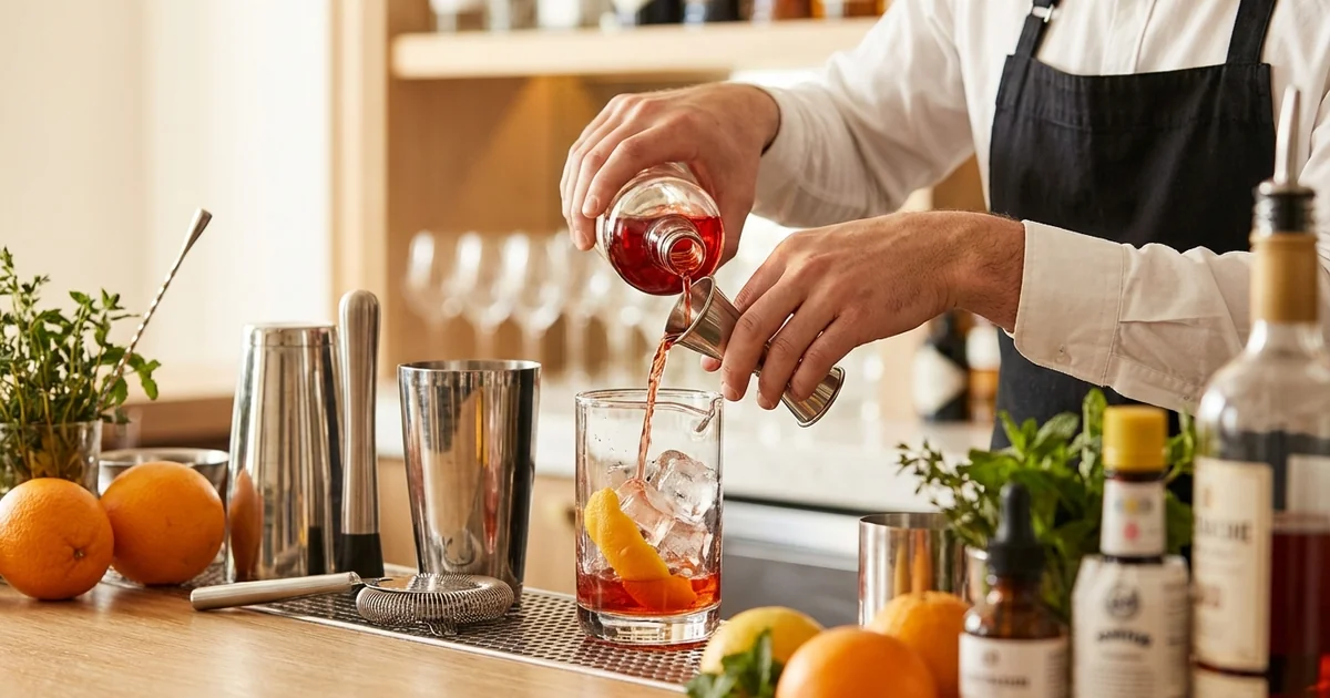 Bartender demonstrating cocktail preparation technique with professional bar tools