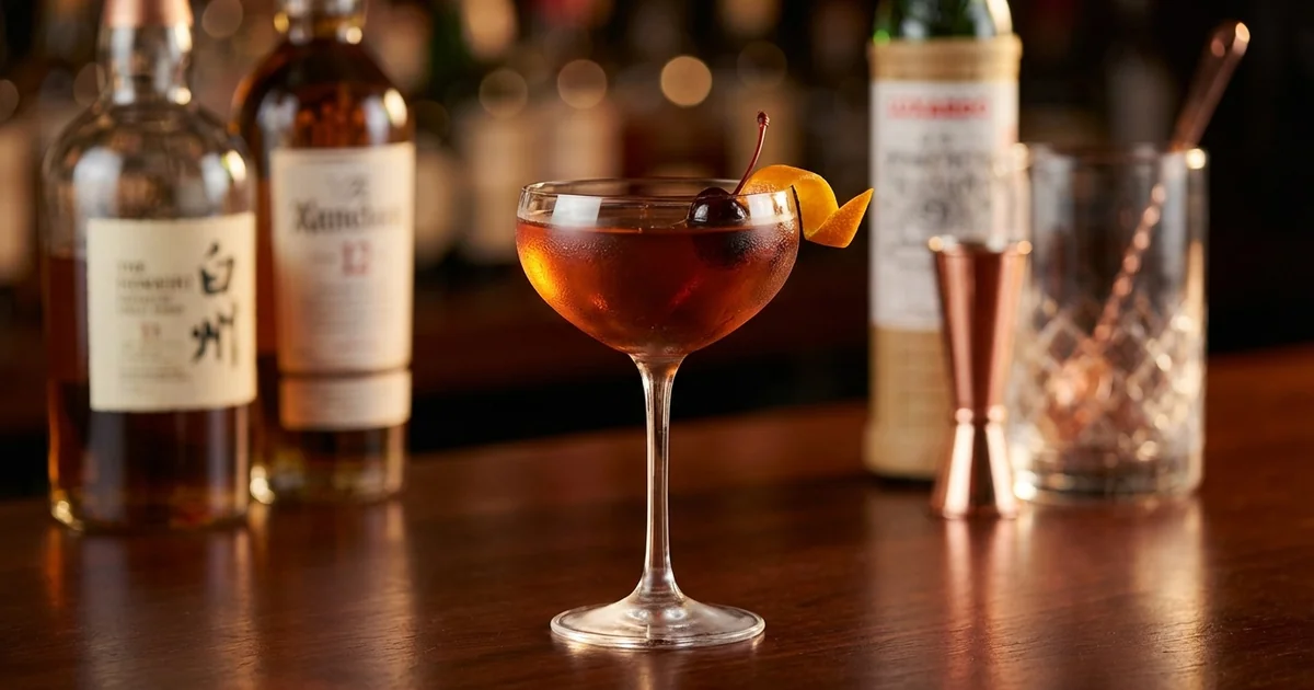 Professional photograph of a Manhattan cocktail with garnish in elegant bar setting