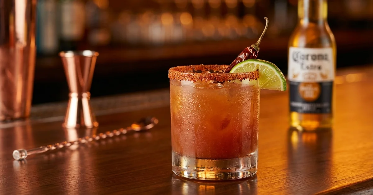 Professional photograph of a Michelada cocktail with garnish in elegant bar setting