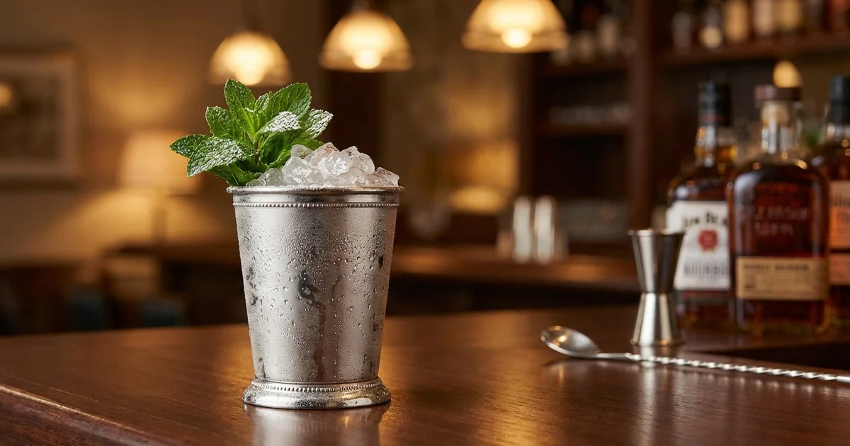 Professional photograph of a Mint Julep cocktail with garnish in elegant bar setting