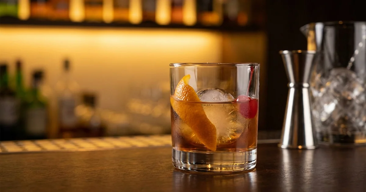 Professional photograph of a Old Fashioned cocktail with garnish in elegant bar setting