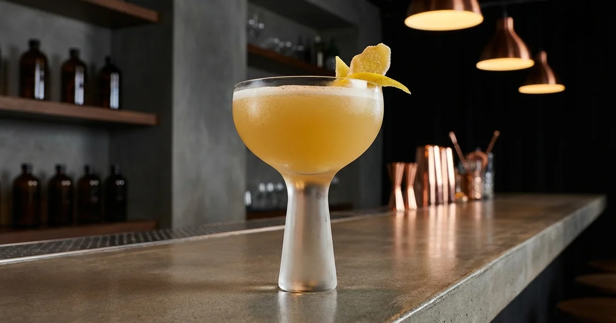 Contemporary Penicillin cocktail in modern glassware with innovative presentation