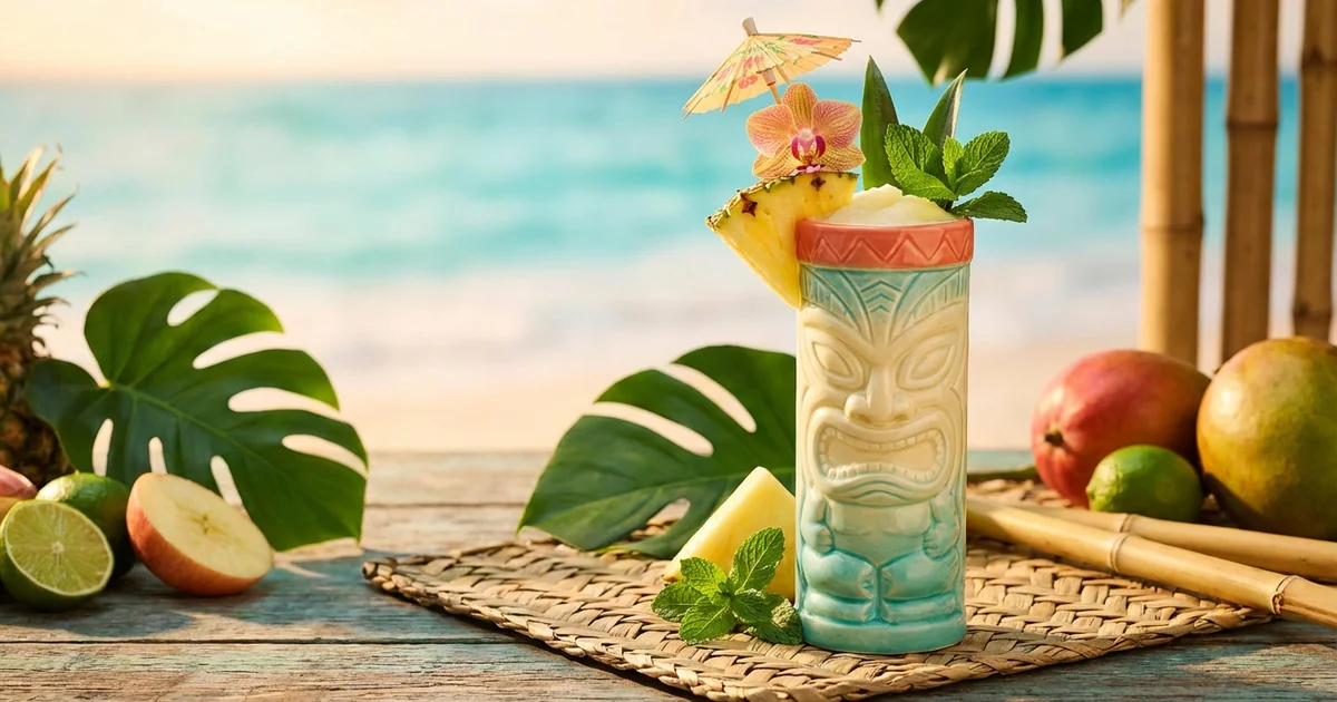 Colorful tropical Piña Colada in tiki-style presentation with exotic garnishes