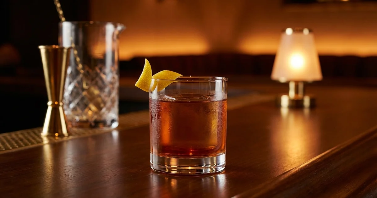 Professional photograph of a Sazerac cocktail with garnish in elegant bar setting