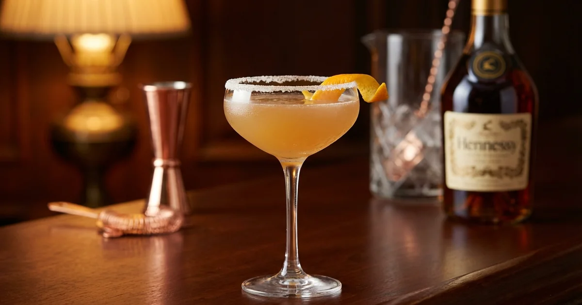 Professional photograph of a Sidecar cocktail with garnish in elegant bar setting
