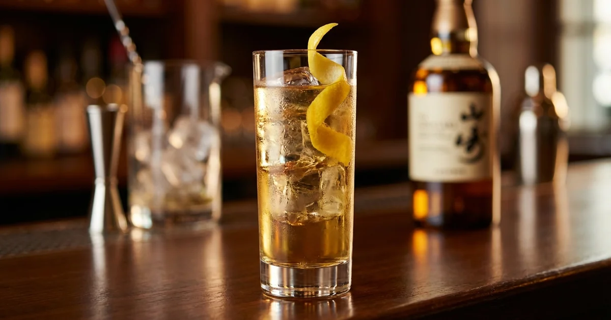 Professional photograph of a Whiskey Highball cocktail with garnish in elegant bar setting