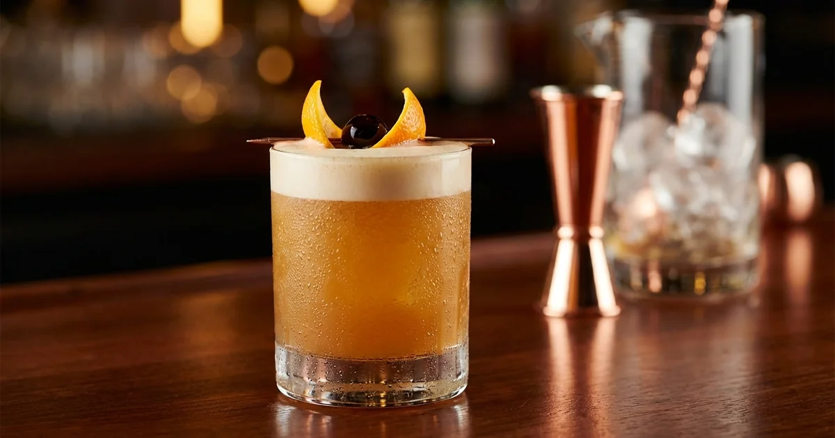 Professional photograph of a Whiskey Sour cocktail with garnish in elegant bar setting