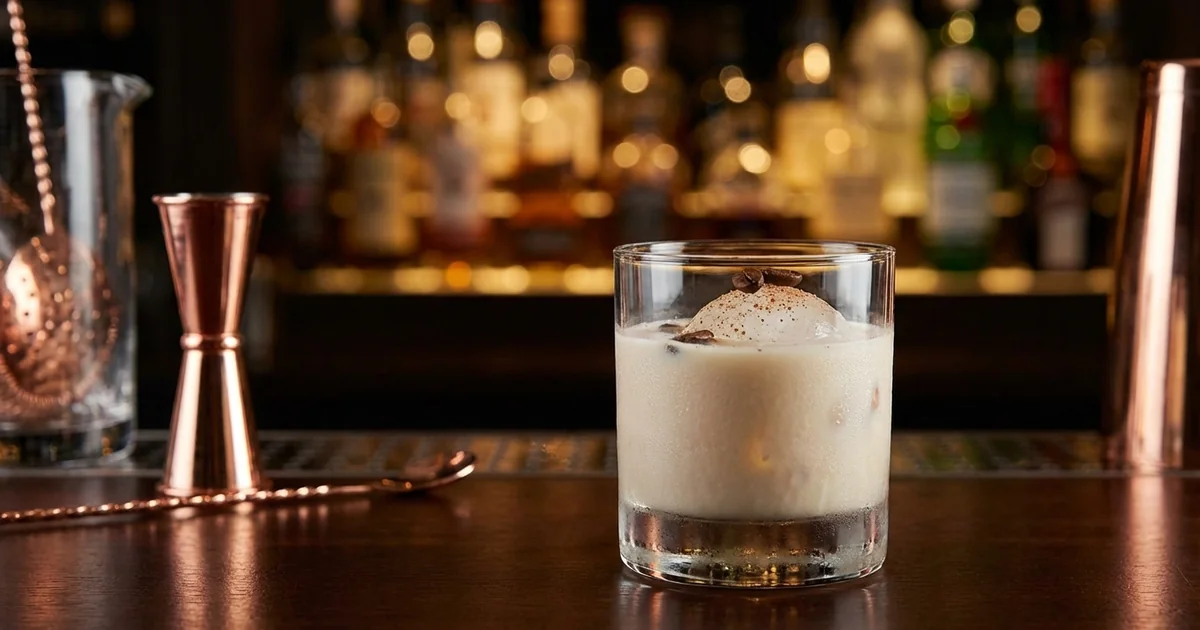Professional photograph of a White Russian cocktail with garnish in elegant bar setting